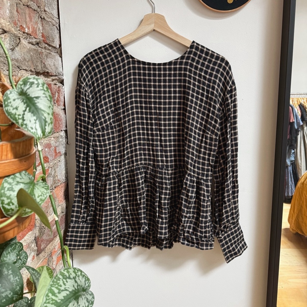 Madewell | Button Back Checkered Peplum Top | XXS